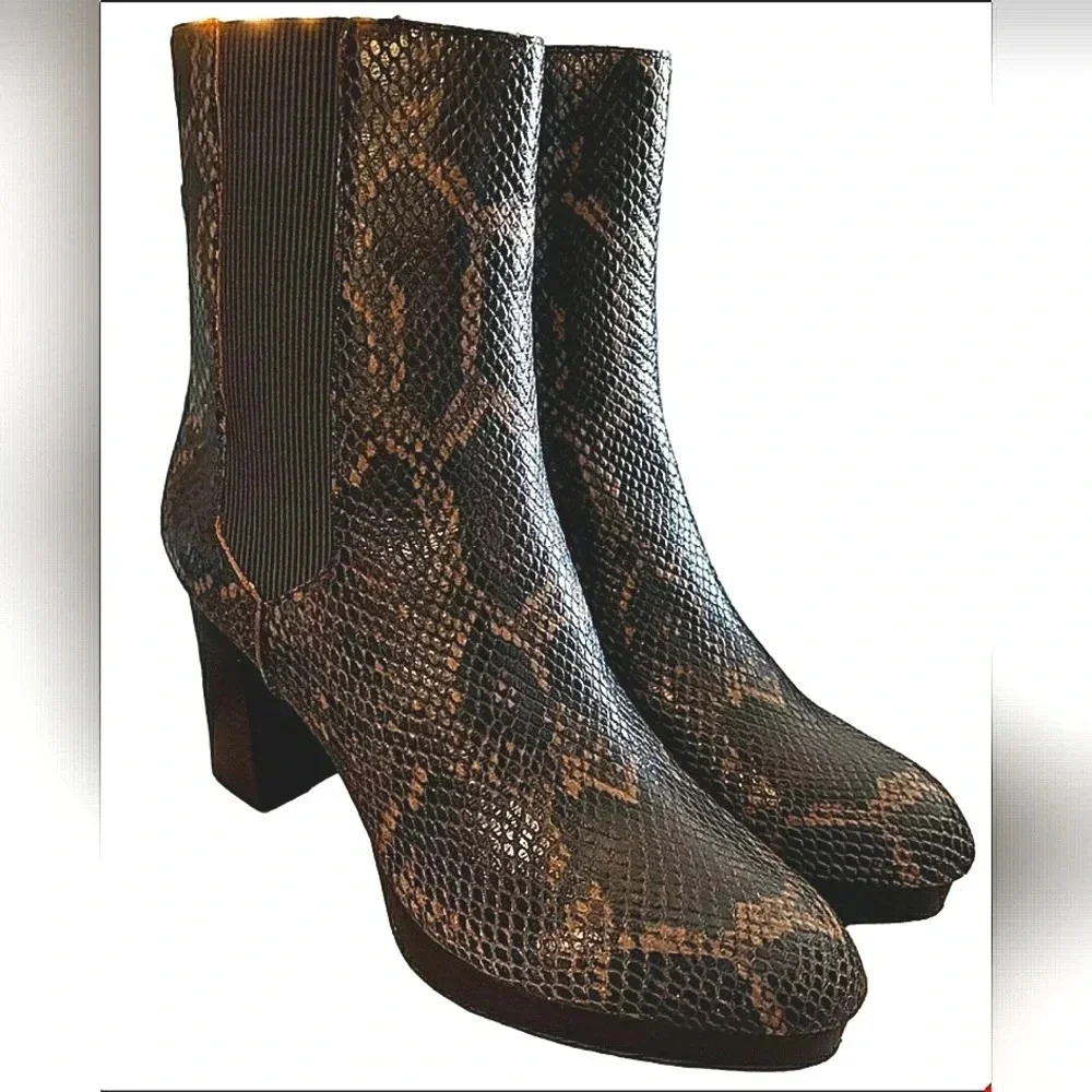 Western 8.5 Chic Boho Brown Leather Snake Pethon Print Platform Ankle Boots New